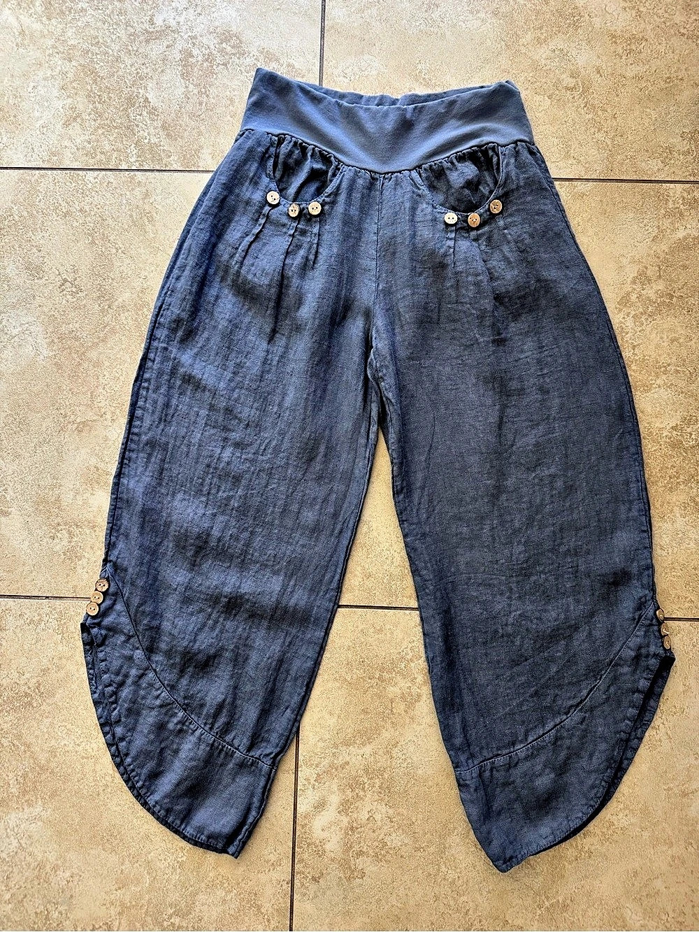Made in Italy 100% Linen Blue Tulip Hem Harem Pants Size S Boho - Picture 3 of 7